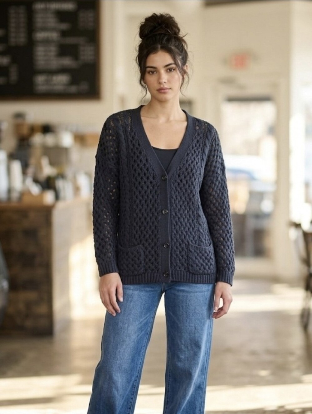 Pol Women's Vintage Navy Grey Open Knit Cardigan S